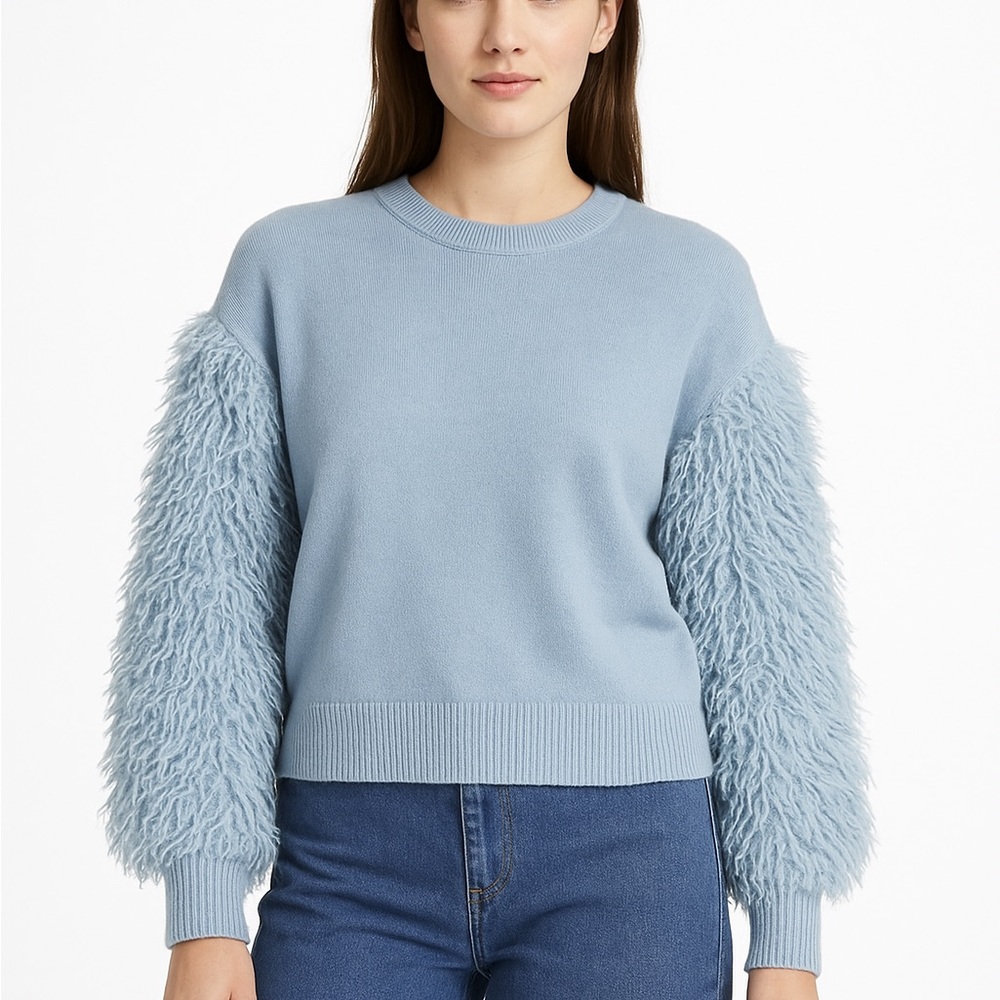 SOLD Shaggy Sleeve Sweater Womens S Textured Fuzzy Arm Pullover Soft Light Blue